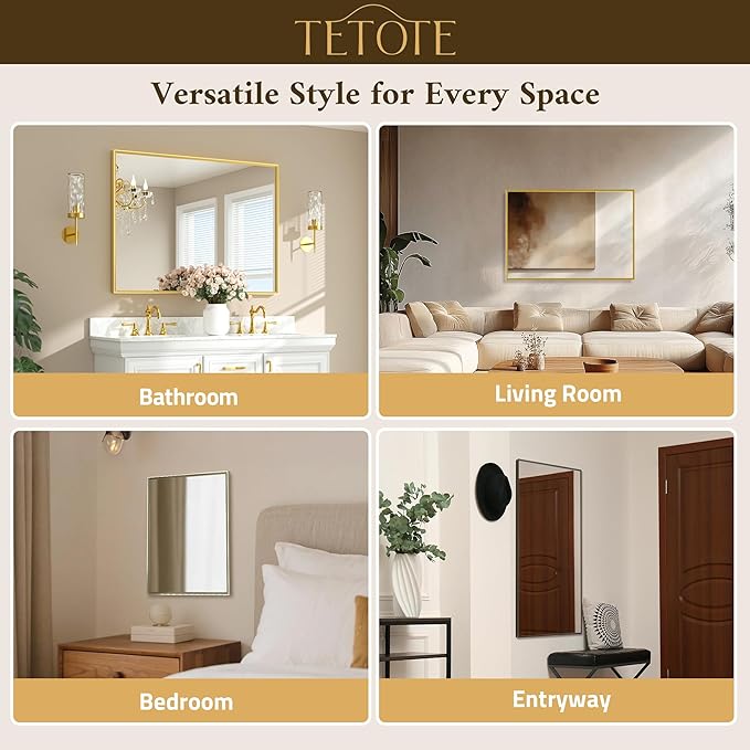 TETOTE Brushed Gold Bathroom Mirror for Over Sink 55" x 36" Large Brass Gold Beveled Framed Rectangular Vanity Mirror for Bathroom, Bedroom, Entryway, Living Room, Tempered Glass, Stronger Frame