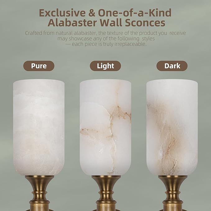 22in Gold Alabaster Wall Sconces Set of 2, Modern Brass Bathroom Sconce Light, Spanish Marble Wall Lamp, Hardwired LED Wall Lighting for Bedroom Living Room Staircase Hallway Dining Room