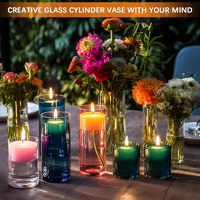 24 Pack Glass Cylinder Vases 4,6,8,10 Inch Tall Clear Flower Vase Hurricane Floating Candle Holder for Table Centerpiece Wedding Home Decor