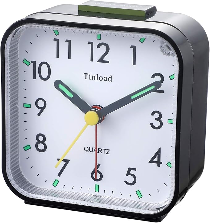 Small Battery Operated Analog Travel Alarm Clock Silent Non Ticking, Gentle Wake, Ascending Beep Sounds, Snooze,Lighted on Demand, Easy Set(Black)