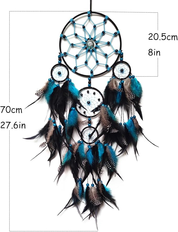 Large Dream Catcher Wall Decor Blue and Black Dream Catchers with Tree of Life Pendant Bead Handmade Feather Dreamcatcher Wall Hanging Ornament for Bedroom Living Room Home Decor