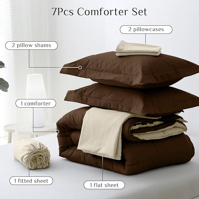 JOLLYVOGUE California King Comforter Set, Ultra-Soft Bed in a Bag Cal King Size 7 Pieces, Oeko-TEX Certified Bedding Set with Down Alternative Comforter, Sheets, Pillowcases & Shams, Brown & Beige