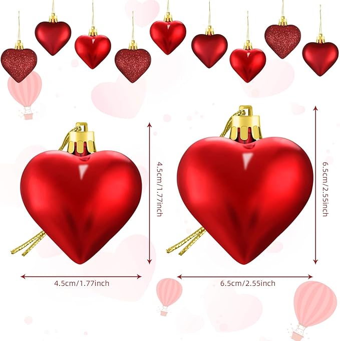 Skylety 30 Pieces Valentine's Day Heart Ornaments, Heart Shaped Decorations Tree Hanging Baubles for Valentine Wedding Anniversary, 3 Styles 2 Size (Red)