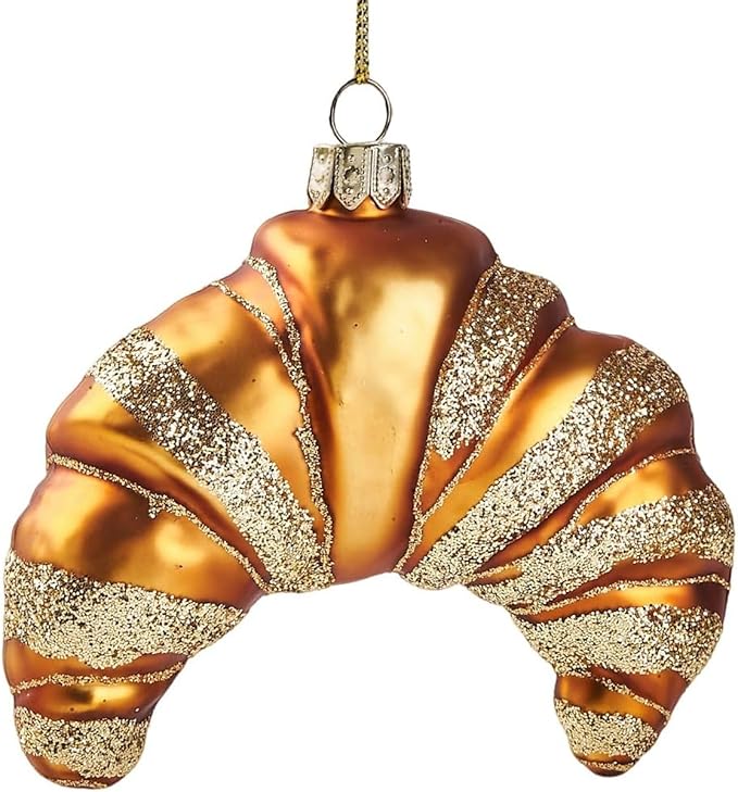 Gold Ornaments for Christmas Tree 2025 - Croissant Blown Glass Christmas Decorations, 3D Hanging Christmas Ornament for Tree Xmas Home Decor Outdoor Fun Food Mini Centerpiece