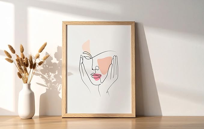 Aesthetic Face Wall Art Hands on Cheeks Continuous Line Drawing Abstract Pink Shapes 8x10 Inch Oak Wood Beige Framed Modern Portrait for Bedroom Vanity
