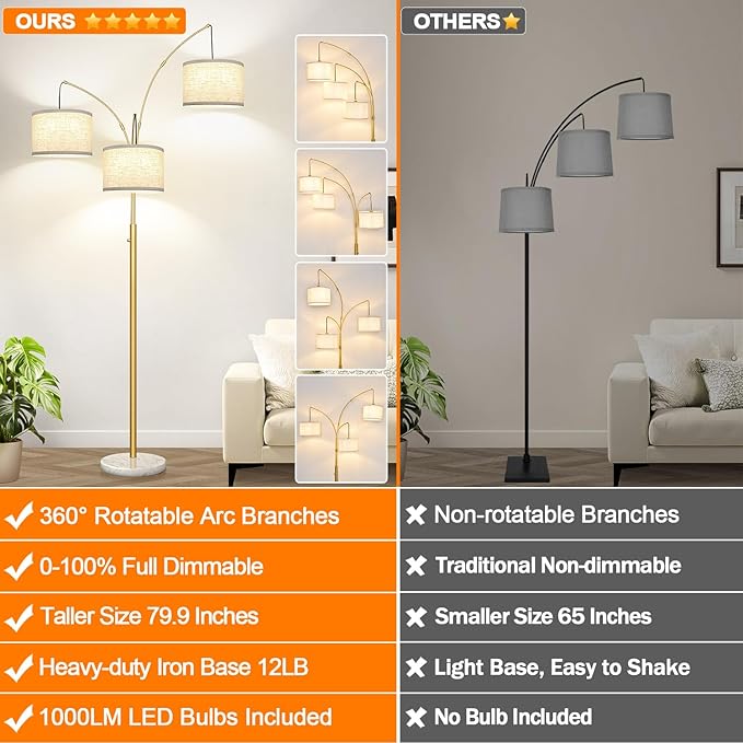 Nintiue Dimmable Floor Lamp - 3 Lights Gold Floor Lamps for Living Room Linen White Shades & Marble Base, Mid Century Tree Floor Lamp for Bedroom Office, 3 LED Bulbs Included