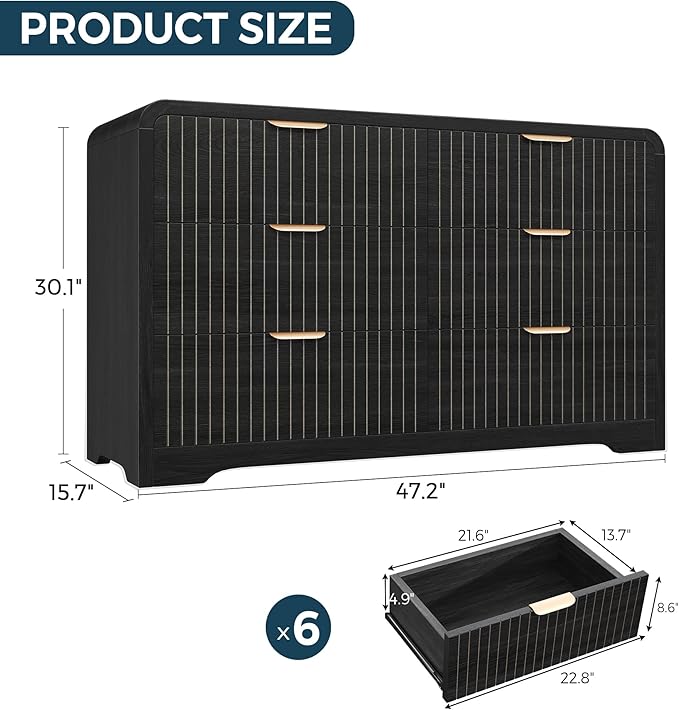 Modern 6 Drawer Dresser for Bedroom, 47" Wide Wood Dressers & Chests of Drawers Curved Profile Design, Mid Century Modern Fluted Dresser for Bedroom, Black Dresser