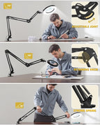 10X Magnifying Glass with Light and Clamp, Ultra Long 3 Section Swing Arm LED Desk Lamp, Real Glass Lens, 5 Color Modes Dimmable, Hands Free Lighted Magnifier with Stand for Repair Craft Close Work