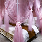 VETHIN 4 Corners Post Princess Bed Canopy Curtain Double Layer Cozy Drape Netting 4 Opening Mosquito Net for Girls & Adults Bedroom Decoration Accessories (Double Pink, 64" W*82" L*82"*H/(Queen))