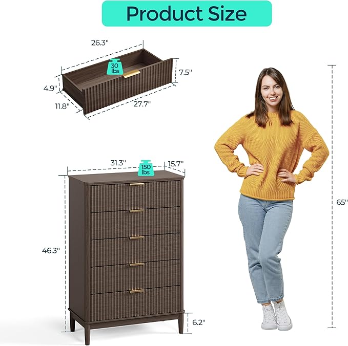 LINSY Fluted 5 Drawer Dresser for Bedroom, 46" Tall Mid-Century Modern Chest of Drawers, Deep Storage Dresser with Curved Corner Design, Large Accent Wood Cabinet for Bedroom, Walnut