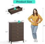 LINSY Fluted 5 Drawer Dresser for Bedroom, 46" Tall Mid-Century Modern Chest of Drawers, Deep Storage Dresser with Curved Corner Design, Large Accent Wood Cabinet for Bedroom, Walnut
