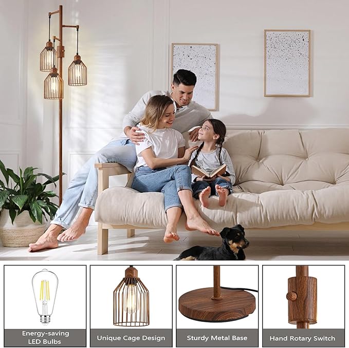 Dimmable Floor Lamp for Living Room, Farmhouse Floor Lamps with Elegant Hanging Cage, 3 x LED Edison Bulbs Included, 68.5" Industrial Standing Light for Bedroom Office Home Decor (Wood)