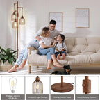 Dimmable Floor Lamp for Living Room, Farmhouse Floor Lamps with Elegant Hanging Cage, 3 x LED Edison Bulbs Included, 68.5" Industrial Standing Light for Bedroom Office Home Decor (Wood)