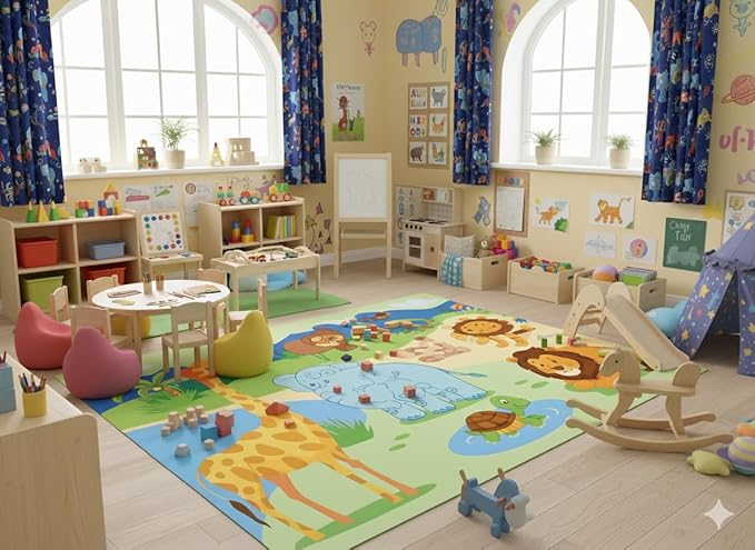 Animal Classroom Rug for Preschool, 106W x 145L inches, Safari Theme, Non-Slip Backing, Educational Kids Area Rug, Multicolor (270x370)