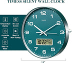Wall Clock, 14" Large Dial Non-Ticking Silent Battery Operated Analog with LCD Display for Perpetual Calendar and F° Temperature, Ideal Modern Home, Bedroom, Kitchen, Office Decor(Green)