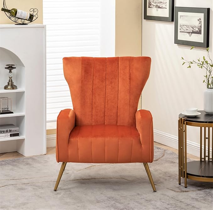 Modern Velvet Accent Chair, Channel Tufted Bedroom, Office or Living Room Furniture with Elegant Metal Legs, 26" Wide Armchair, Orange Red