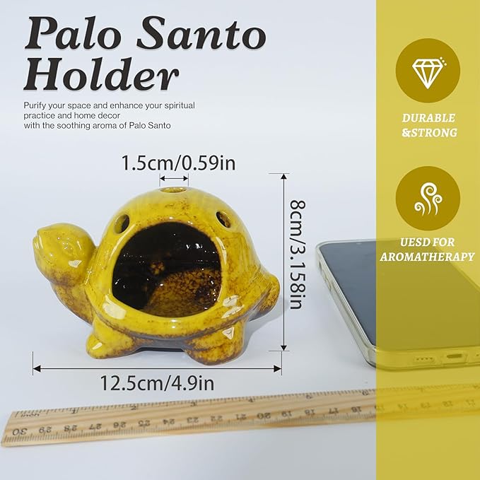Yellow Ceramic Turtle Palo Santo Burner Holder-Mini Chiminea Incense Dish for Burning Smudge Sticks、Sage、Aromatic Santos、 Incense Cones Fits Altar &Zen Spaces,Unique Gift for Friends & Family
