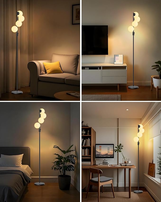 Lightdot 64IN Dimmable (Brightness Adjustable) Globe Floor Lamp, Black Standing Lamps with 4PCS 3000K Bulbs Included, Mid Century Modern Floor Lamp for Living Room/Sofa Beside/Corner Decor