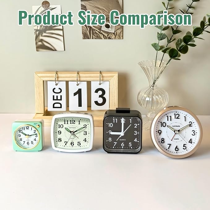 Small Battery Operated Analog Alarm Clock, Travel Clock, Quieter Bedside Clocks for Bedrooms Bathroom Shelf Desk, Green