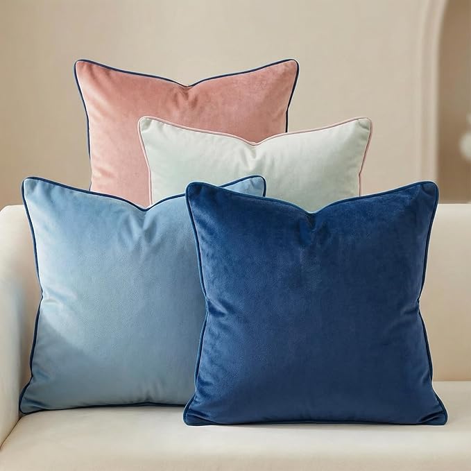 Mecatny Set of 4 Velvet Throw Pillow Covers 20x20, Soft Colorful Accent Decorative Couch Pillow Covers for Sofa Bedroom Living Room, Blue/Pink