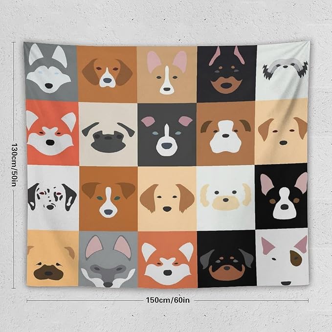 VUMIVI Dog Tapestry Funny Cartoon Pet Patterns Colorful Illustrations Square Animals Tapestry Wall Hanging for Living Room Bedroom Dorm Classroom Aesthetic Decor W60xL50in