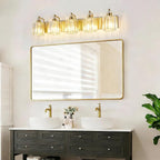 5-Light Modern Vanity Lights Brushed Brass Bathroom Light Fixtures Over Mirror Gold Bathroom Vanity Lighting with Crystal Shade E26 Base Wall Sconce for Bedroom Living Room Restroom Wall Lamp