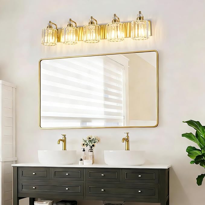 5-Light Modern Vanity Lights Brushed Brass Bathroom Light Fixtures Over Mirror Gold Bathroom Vanity Lighting with Crystal Shade E26 Base Wall Sconce for Bedroom Living Room Restroom Wall Lamp