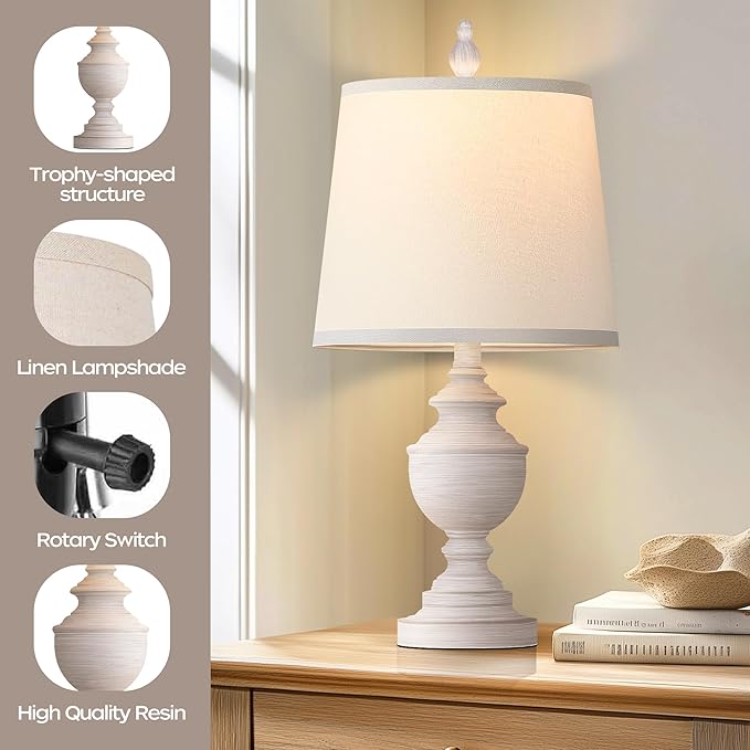 PARTPHONER Retro Table Lamps Set of 2, Bedside Lamp for Bedroom Rustic Farmhouse Table Lamps for Living Room, 22" Vintage Nightstand Lamps with White Shades, White