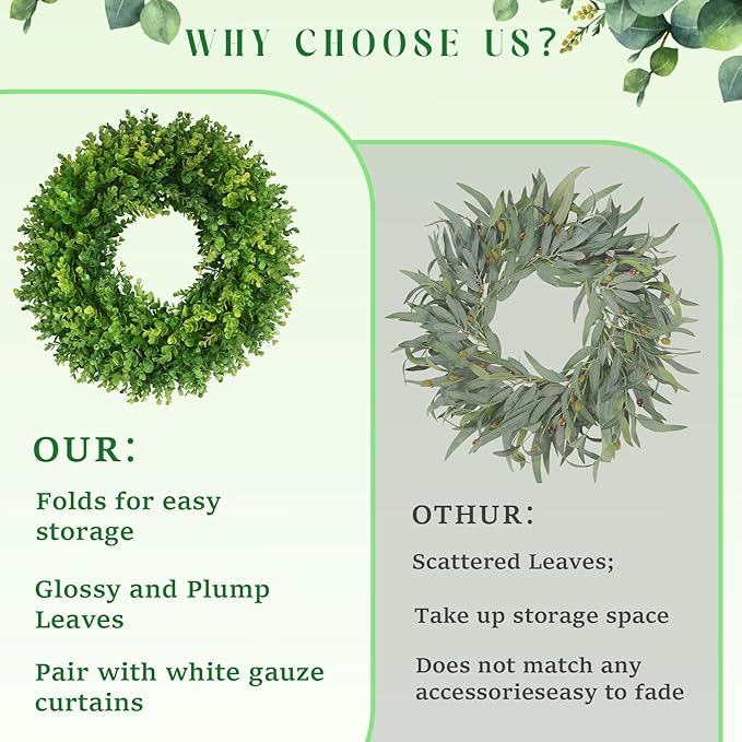 20''Boxwood Wreaths for Front Door,Artificial Spring Summer Wreath,Boxwood Wreaths with Sash,All Seasons Wreath for Farmhouse,Wedding,St Patrick's Day Decoration,Indoor & Outdoor