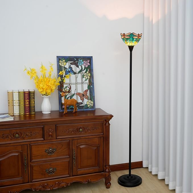 Tiffany Floor Lamp Tochiere Standing Green Dragonfly Style Stained Glass Floor Light Vintage Tall Pole Uplight Lamp Rustic Corner Lamp with Foot Switch for Home Decor Living Room Bedroom
