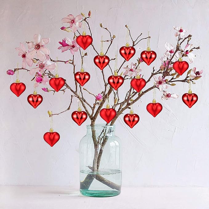 24 Pieces Valentine's Day Heart Shaped Ornaments, Glossy and Matt Heart Baubles Hanging Decorations for Valentine's Day Wedding Anniversary Home Party Decor