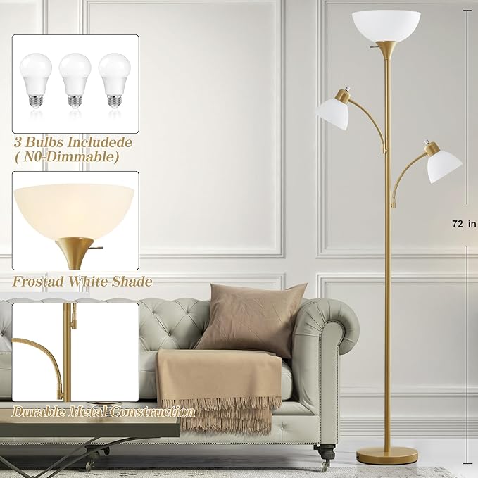 Luvkczc Floor Lamps for Living Room, 72" Tall Standing Lamps, Torchiere Lamp with 8W Adjustable Reading Lights, Modern Bright Floor Lamp for Bedroom, Office, Dresser, Gold&White, Bulbs Included