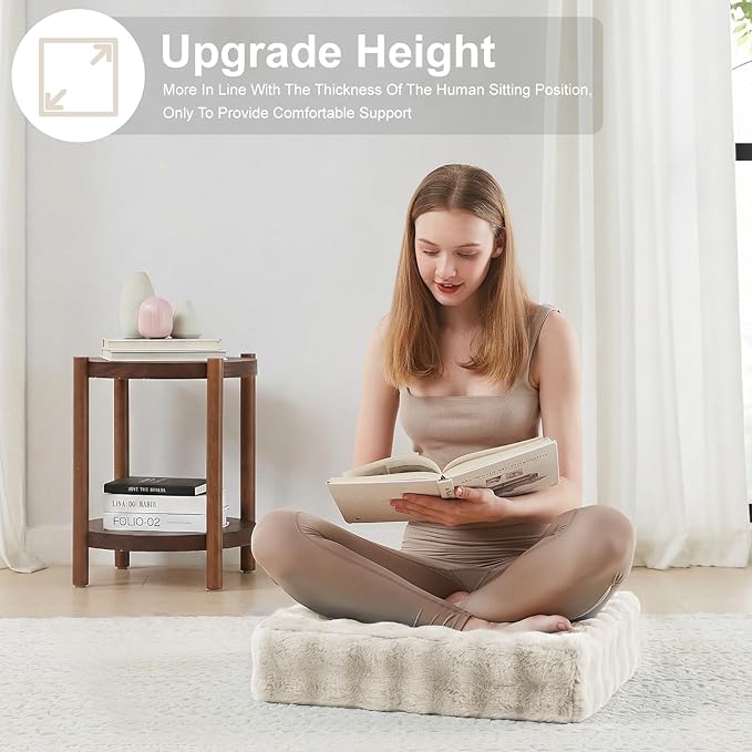 22 inches Floor Pillow for Adults - Large Meditation Cushion with Thick Foam & Soft Tufted Cover - Premium Outdoor Square Floor Cushion Seat - Yoga Pillows for Sitting On Floor - Almond White