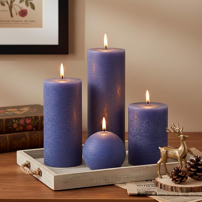 Dark Blue Rustic Textured Pillar Candles Set - 4 Pcs Assorted Sizes Unscented Pillar Candle, Decorative Farmhouse Candles for Home Centerpiece Decor, Holiday Dinner Table, Dripless & Smokeless