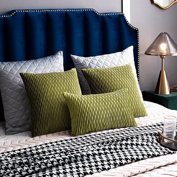 12x20 Moss Green Throw Pillow Cases: 2 Pack Original Striped Velvet Rectangular Decorative Pillow Covers for Farmhouse Couch