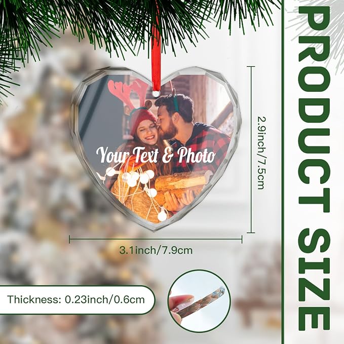Personalized Christmas Crystal Ornaments Custom Heart Photo Ornament 2024 Customized Christmas Ornament Personalized First Christmas Keepsake Gifts for Couples Family Friends Xmas Decor