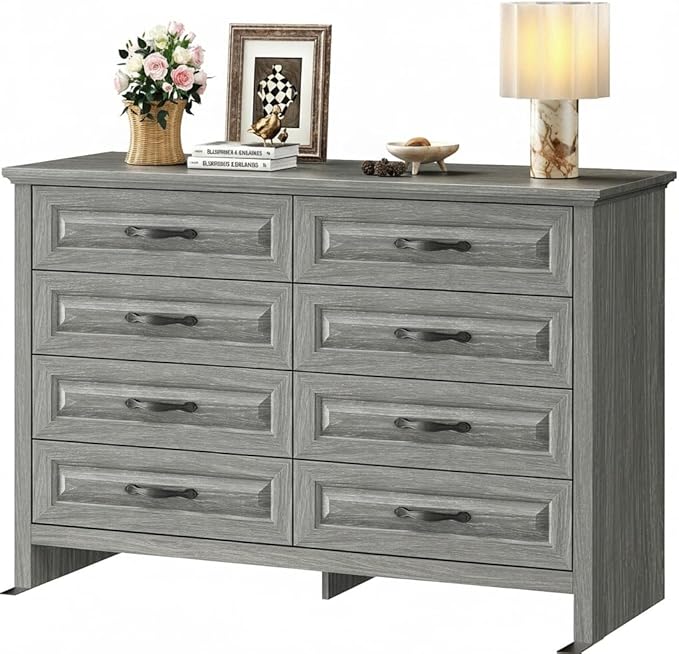 Marsail Farmhouse 8 Drawer Dresser, Wood Chest of Drawers with Natural Texture, Smooth Gliding Drawers, Versatile Storage Organizer Cabinet for Bedroom & Living Room, Grey