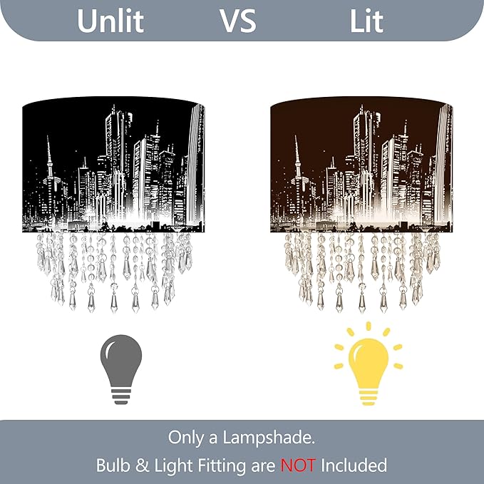 City Skyline Lamp Shade with Acrylic Bead Droplets, Black & White Drum Fabric Light Shade for Ceiling Pendant Table & Floor Lamps, Modern Home Decor, 11.8in