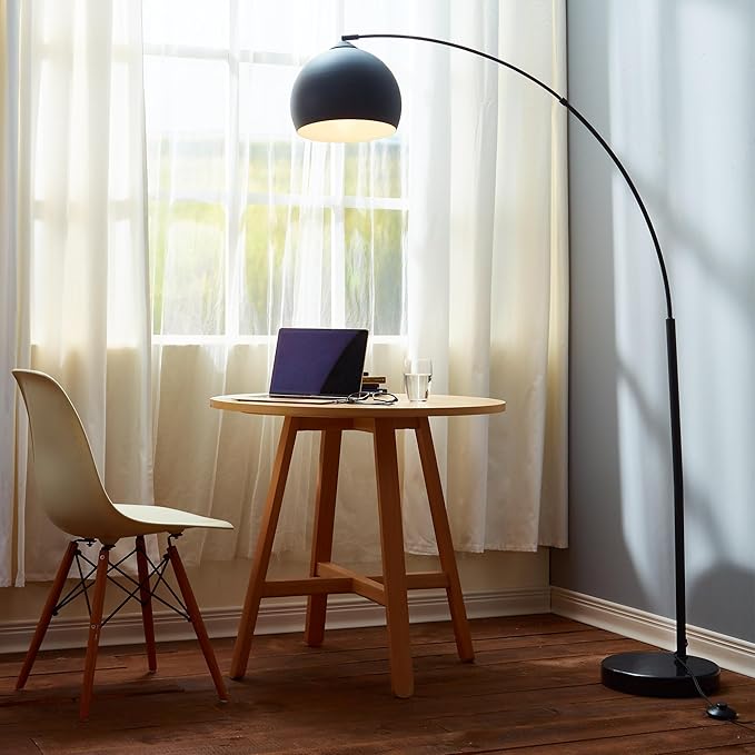 Teamson Home Arquer 66.93" Arc Floor Lamp for Living Rooms, Home Offices, Dining Rooms, Bedrooms with Faux Black Marble Base and Black Bell Shade