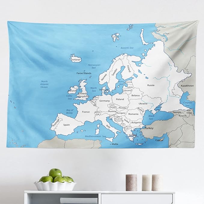 Ambesonne Europe Tapestry, Detailed Map of the European Continent with Borders Rivers and Seas, Fabric Wall Hanging Decor for Bedroom Living Room Dorm, 45" X 30", Sky Blue Coconut and White