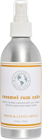 ECO CANDLE CO. Room & Linen Spray, Caramel Rum Cake, 8 oz. - Scents Of Caramel, Rum, Maple, Almond, Pear, & Vanilla - Recycled Aluminum Bottle, No Propellents, Pump Top, All Natural Ingredients