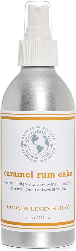 ECO CANDLE CO. Room & Linen Spray, Caramel Rum Cake, 8 oz. - Scents Of Caramel, Rum, Maple, Almond, Pear, & Vanilla - Recycled Aluminum Bottle, No Propellents, Pump Top, All Natural Ingredients