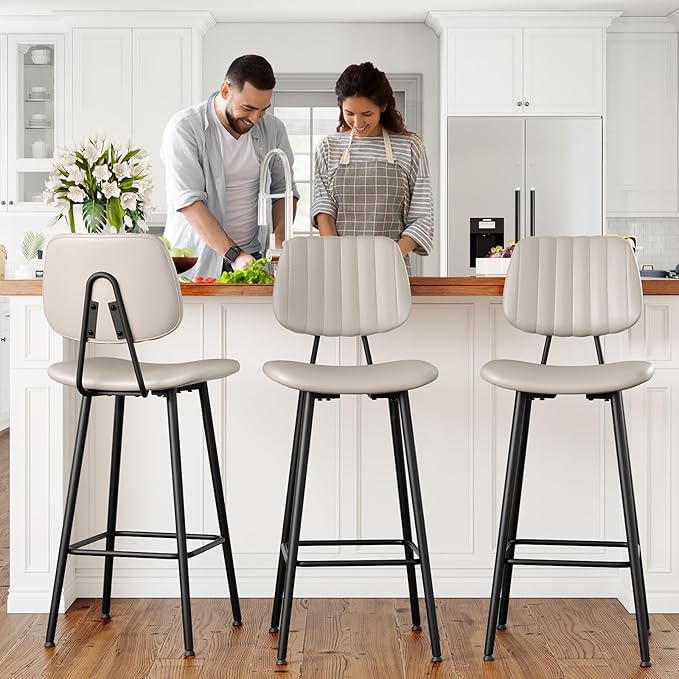 29-Inch Leather Bar Stools Set of 2, Counter Height Barstools with High Backrest，Bar Chairs for Kitchen Island with Heavy Duty Metal Legs, Beige