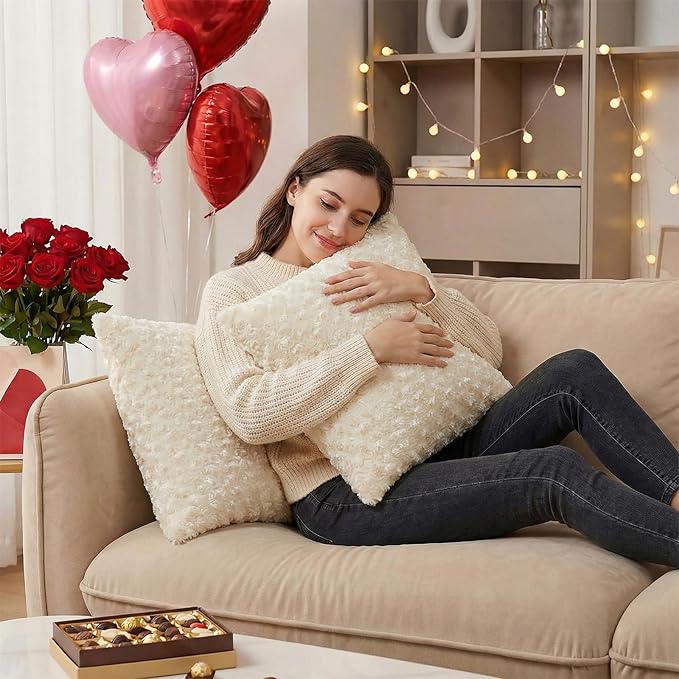 FUTEI Cream White Decorative Throw Pillow Covers 24x24 Inch Set of 2,Soft Solid Rose Swirl Textured European Cushion Case,Valentine's Day Decor for Couch Living Room
