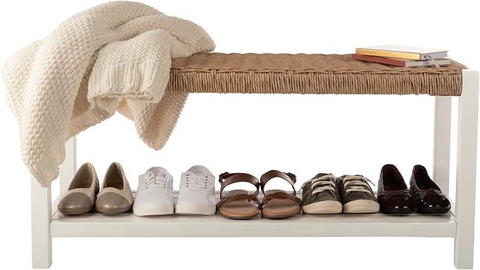 Alaterre Furniture Bench with Handcrafted Woven Rope Seat - Newport Collection 40-Inch Wood Bench with Storage Shelf for Entryway or Bedroom - Indoor Furniture (White)