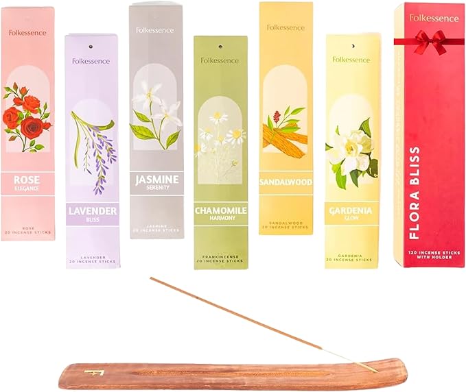 Folkulture Incense Sticks with Holder (120 Sticks) | Set of 6 Floral Incense Sticks For Room Fragrance, Valentines Day Gifts | No Charcoal, Non Toxic, 45 Min, Long Burning Jasmine, Rose Insence-Sticks