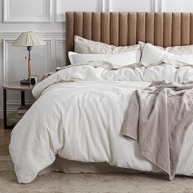 Bedsure Cotton Duvet Cover Twin - 100% Cotton Waffle Weave Coconut White Duvet Cover Twin Size, GentleSoft™ and Breathable Bedding Set for Gifts, 2 Pieces, 68"x90"