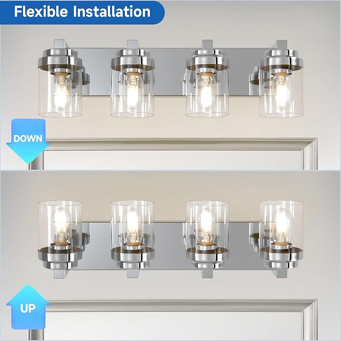 Chrome Bathroom Vanity Light, 4 Light Modern Vanity Lights with Clear Glass Shade, Farmhouse Bathroom Vanity Lighting Fixtures Over Mirror for Living Room,E26