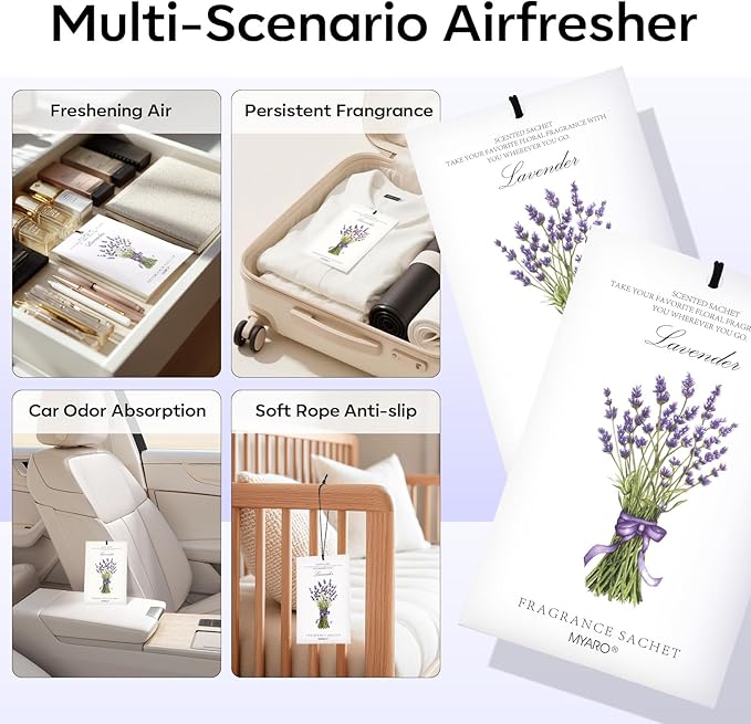 MYARO 12 Packs Lavender Scented Sachets Air Freshener for Drawer and Closet, Long-Lasting Sachet Bag Room Car Odor Deodorizer Fresh Scent Home Fragrance