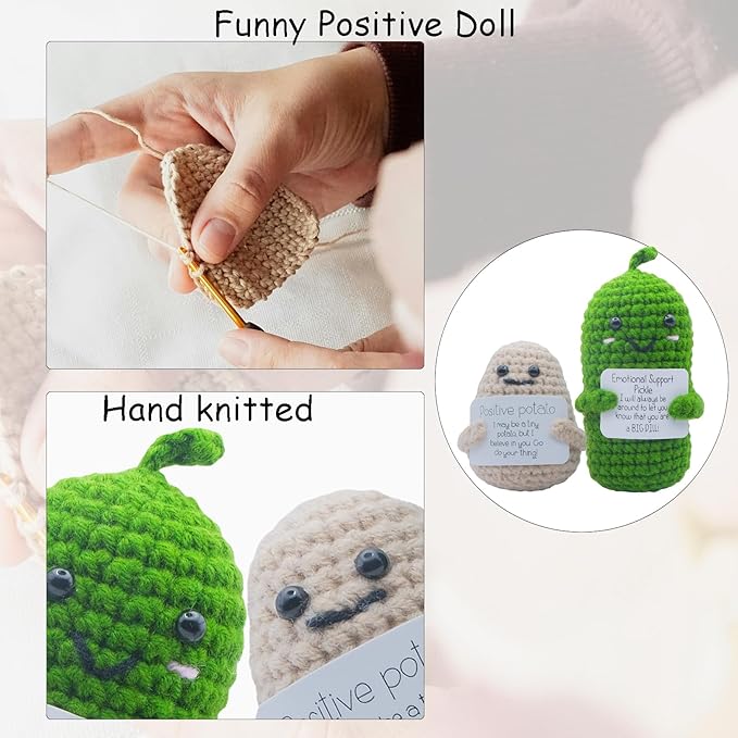 Mini Funny Positive Potato Birthday Gifts for Women Men, 2PCS Emotional Support Pickle Crochet Cucumber Doll Inspirational Gifts for Friends Coworker, Cute Room Decor Boys Girls Stocking Stuffers